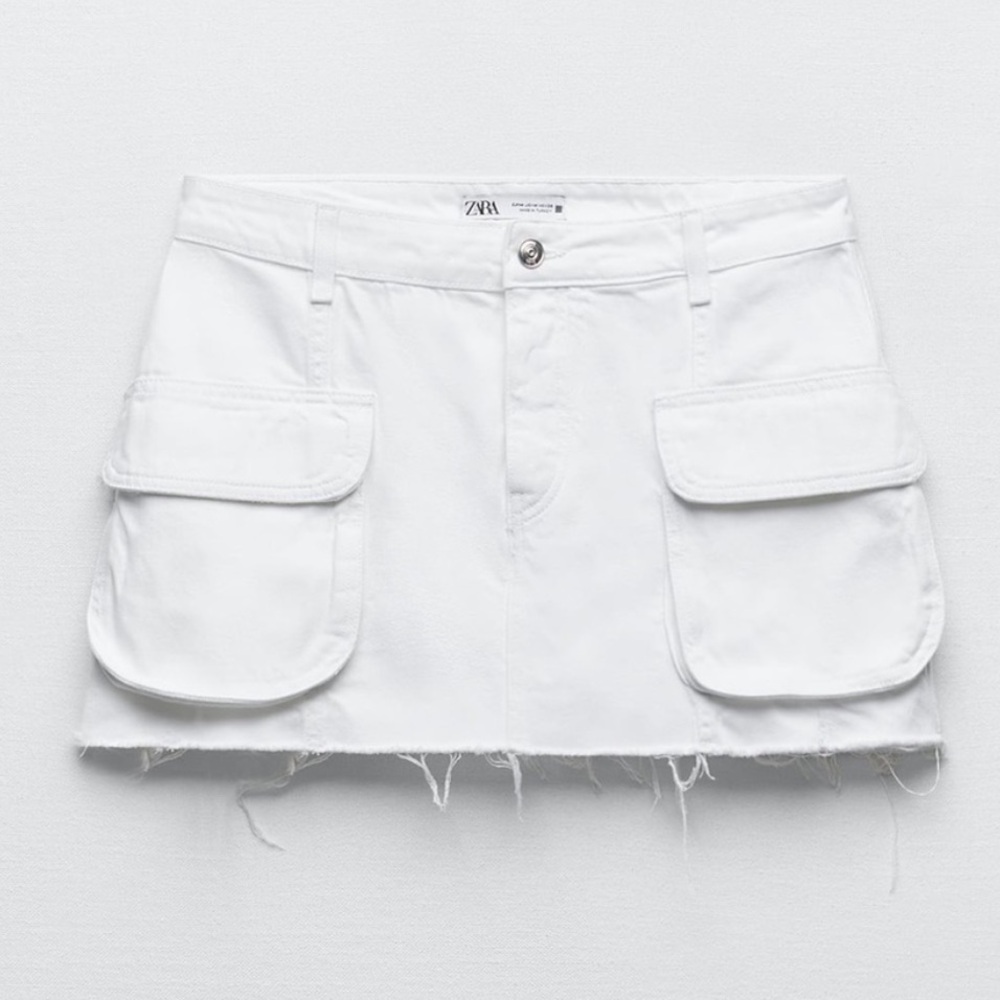 Zara Z1975 Raw Hem Cargo Mini Skirt in White